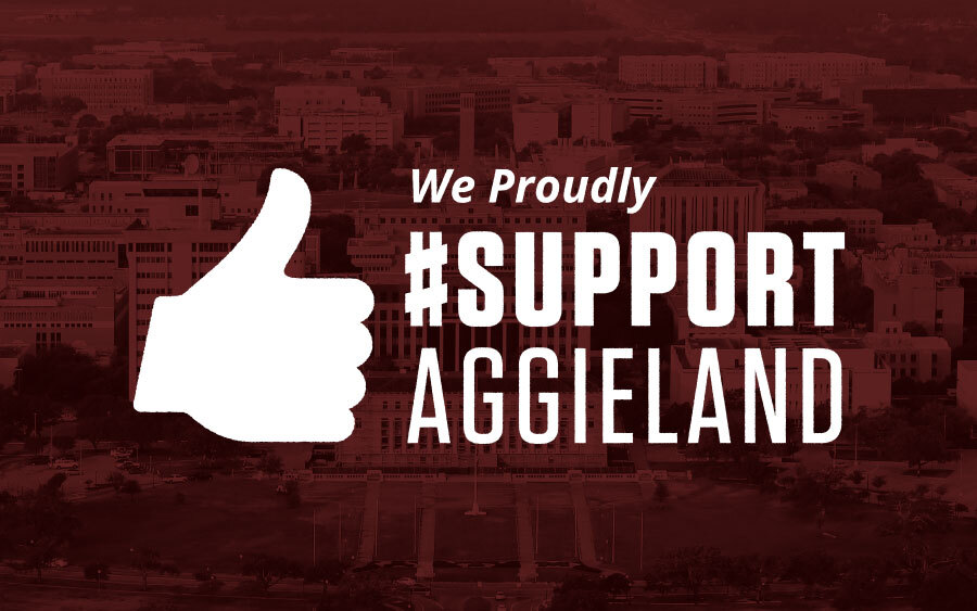 Graphic with text that reads We Proudly Support Aggieland