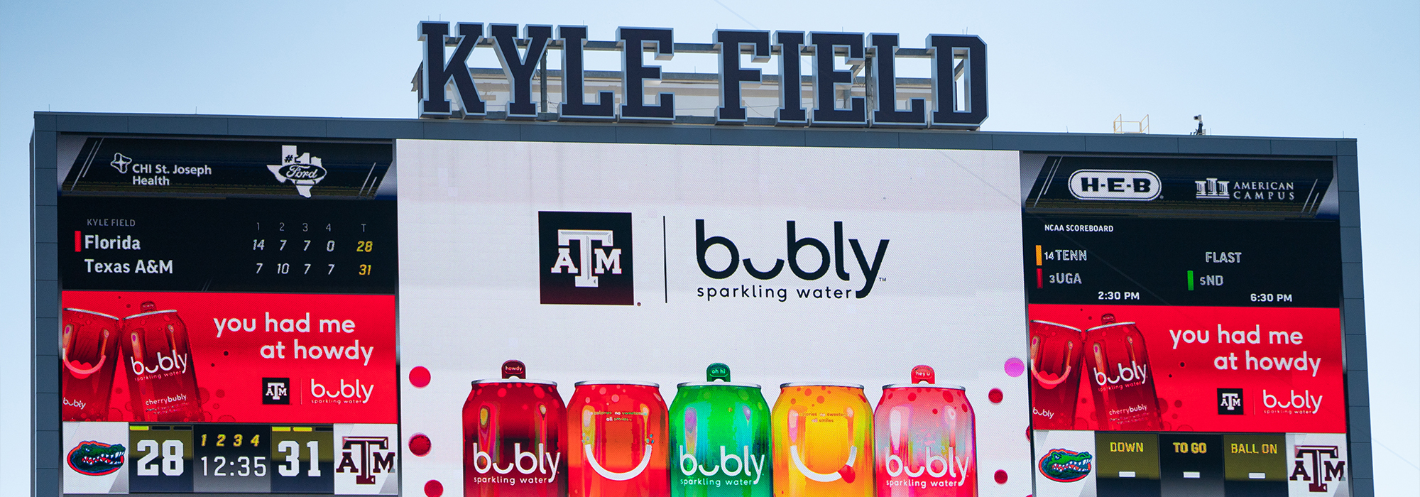 Bubly Howdy tab promotion on Kyle Field score board