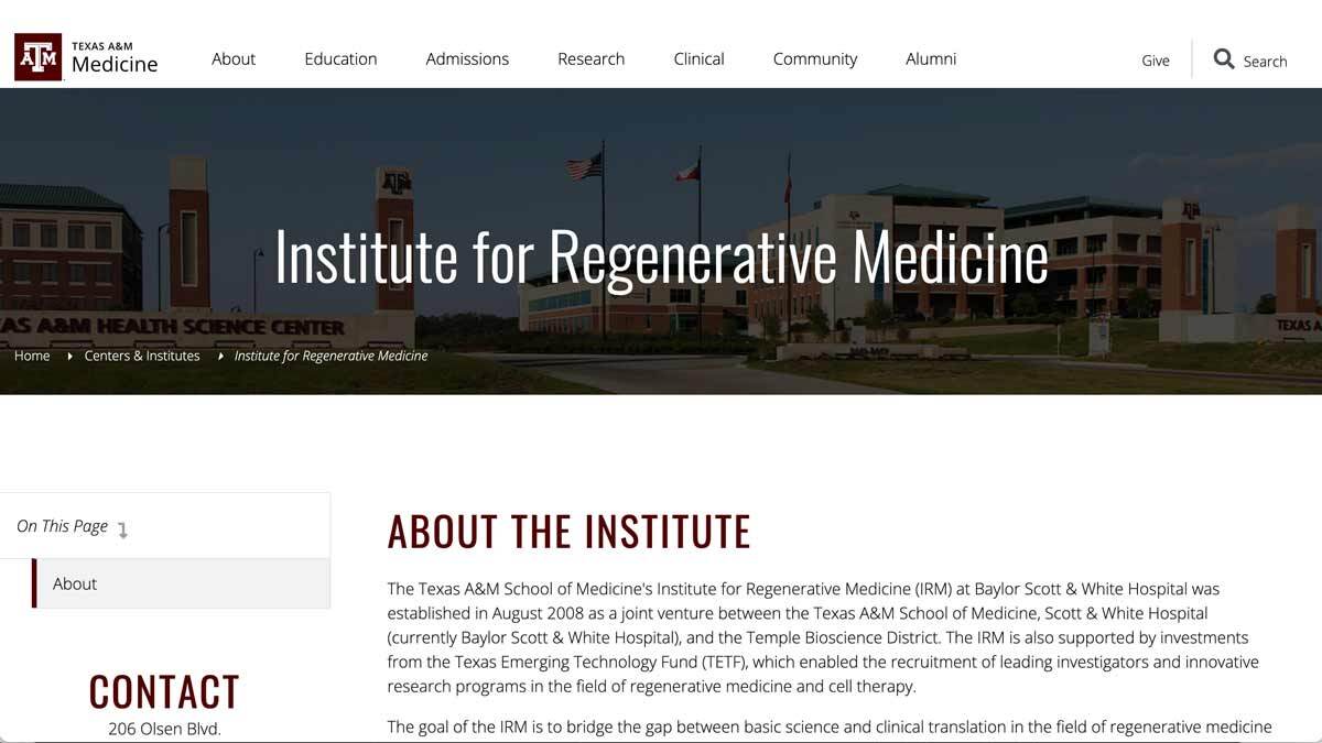 Screenshot of the Institute for Regenerative Medicine site, this site is an example of an institute website branded correctly with unit identity guidelines