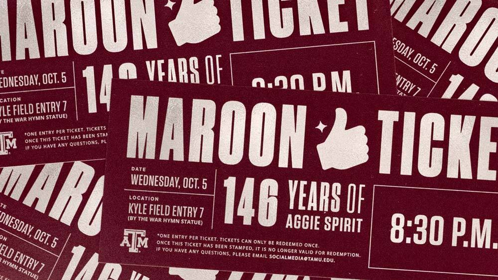 Maroon ticket graphic with information about the 146 years of aggie spirit event