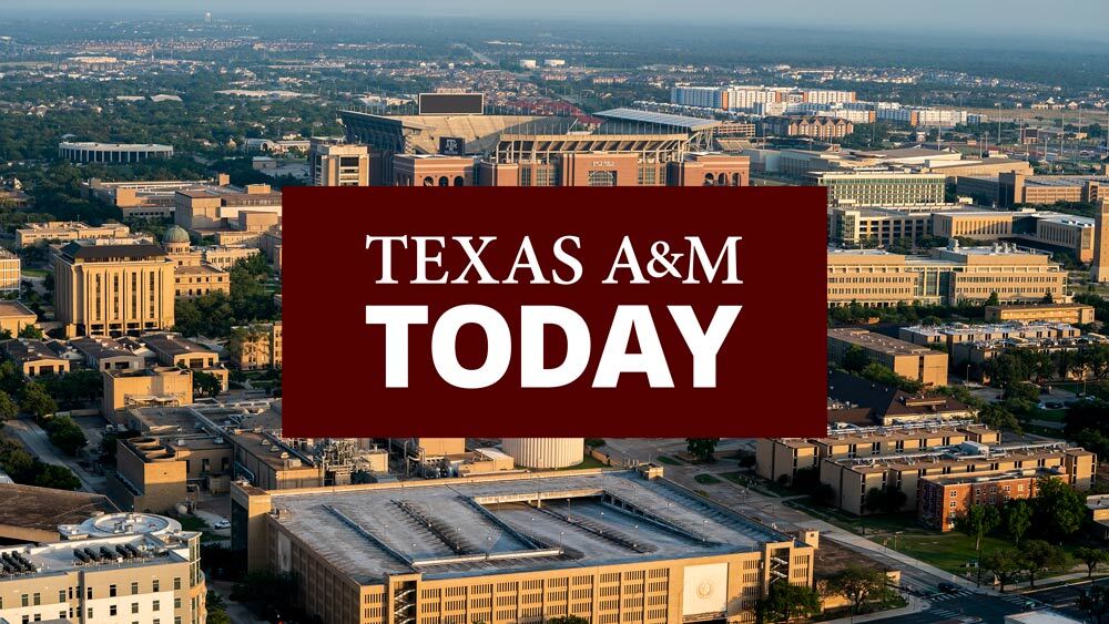 Texas A&M Today logo with a maroon background over an aerial view of campus