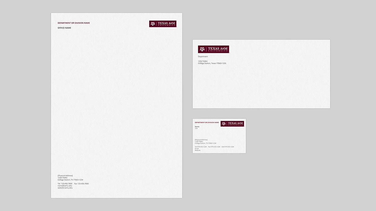 Texas A&M branded letterhead, envelope and business card